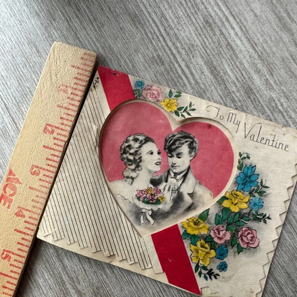 Antique Valentine’s Day Card – Cut Out Heart Window Romantic Couple Floral